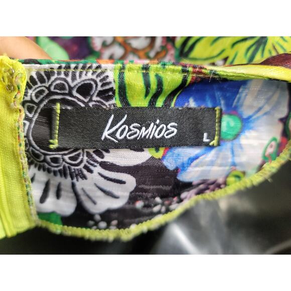 Kosmios Shirt Women's Large Multicolor Puff Sleeve Peplum Top High Low - Picture 10 of 14